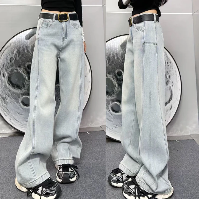 b3013新款冬季百搭时尚休闲设计感加绒拼接浅蓝牛仔弯刀阔腿裤