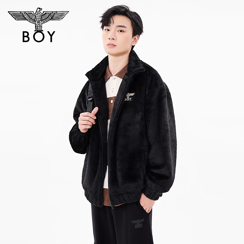 BOYLONDON秋冬24新品男女同款绣花黑色保暖仿羊羔绒外套N23025