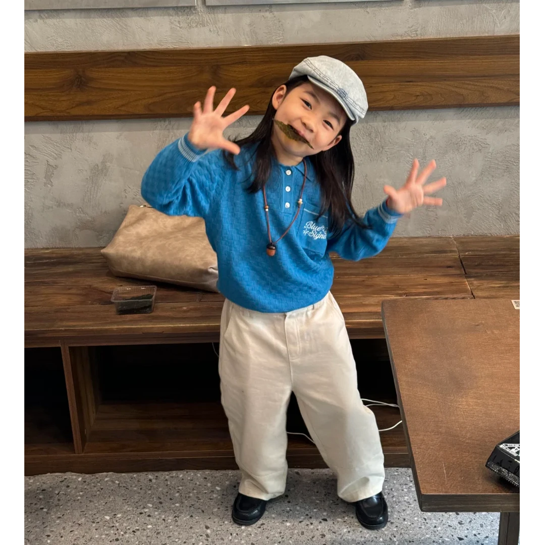 壹妈童装女童时尚套装秋季新款洋气儿童蓝色polo领上衣白色直筒裤