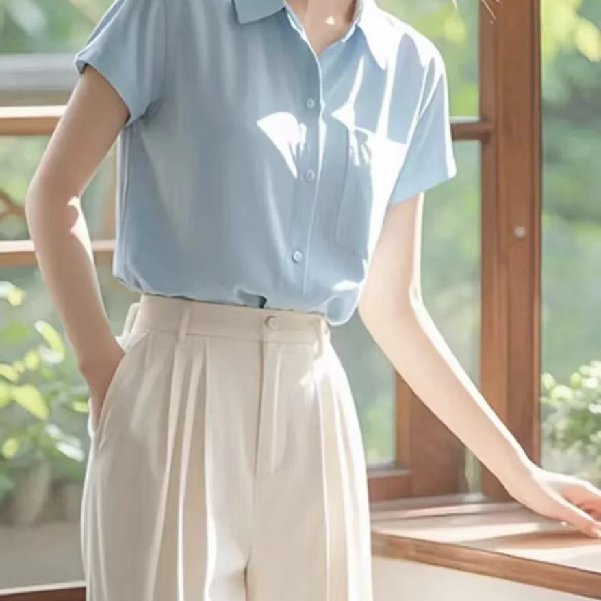 设计师款时尚宽松百搭短袖衬衫休闲薄款纯色衬衣显瘦气质网红6119