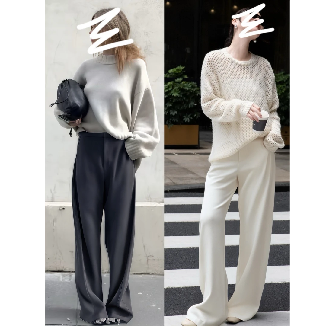 高腰休闲西装裤春秋季老钱风羊毛裤西裤直筒阔腿裤白色秋冬裤子女