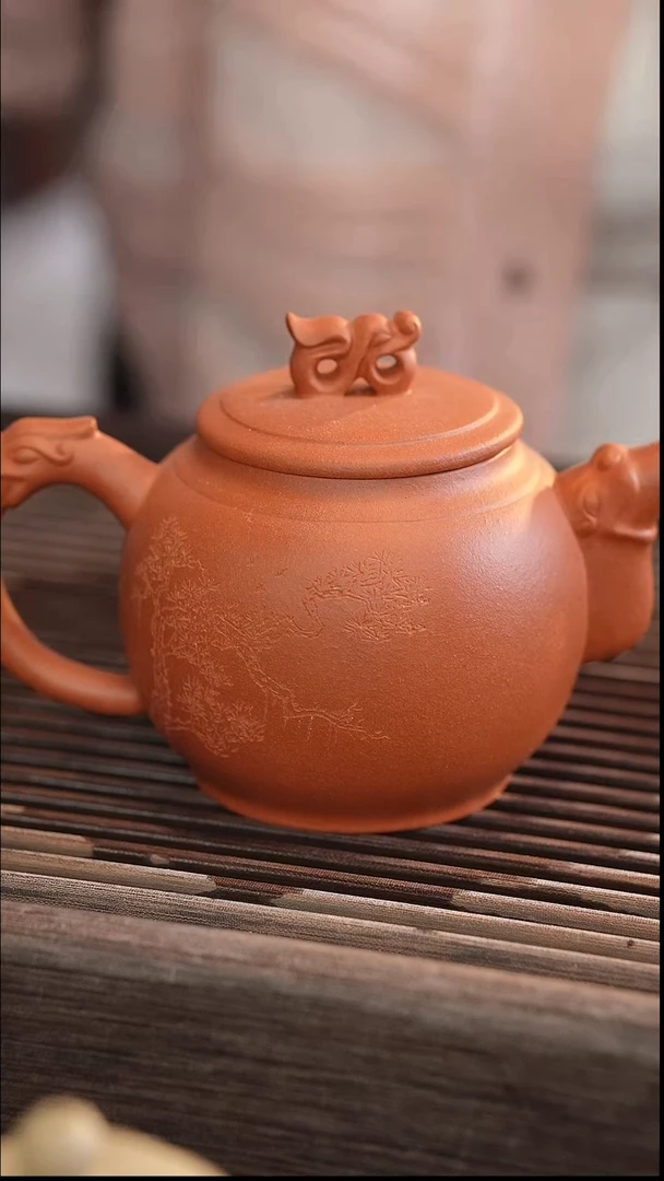 茶壶紫砂龙纹 雕刻 红清水 半手工 320cc