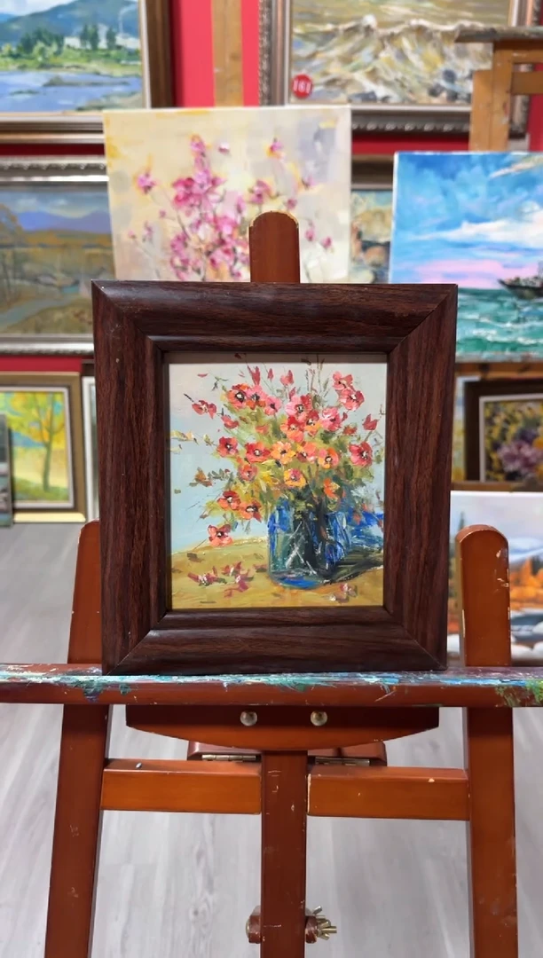 油画俄罗斯手绘油画作品《花卉  》25x28cm 带外框