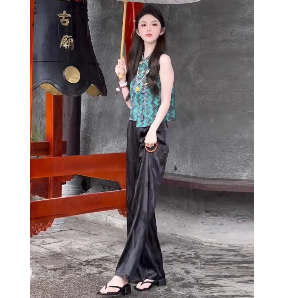 新中式国风时尚套装女夏季洋气盘扣显瘦无袖马甲上衣阔腿裤两件套