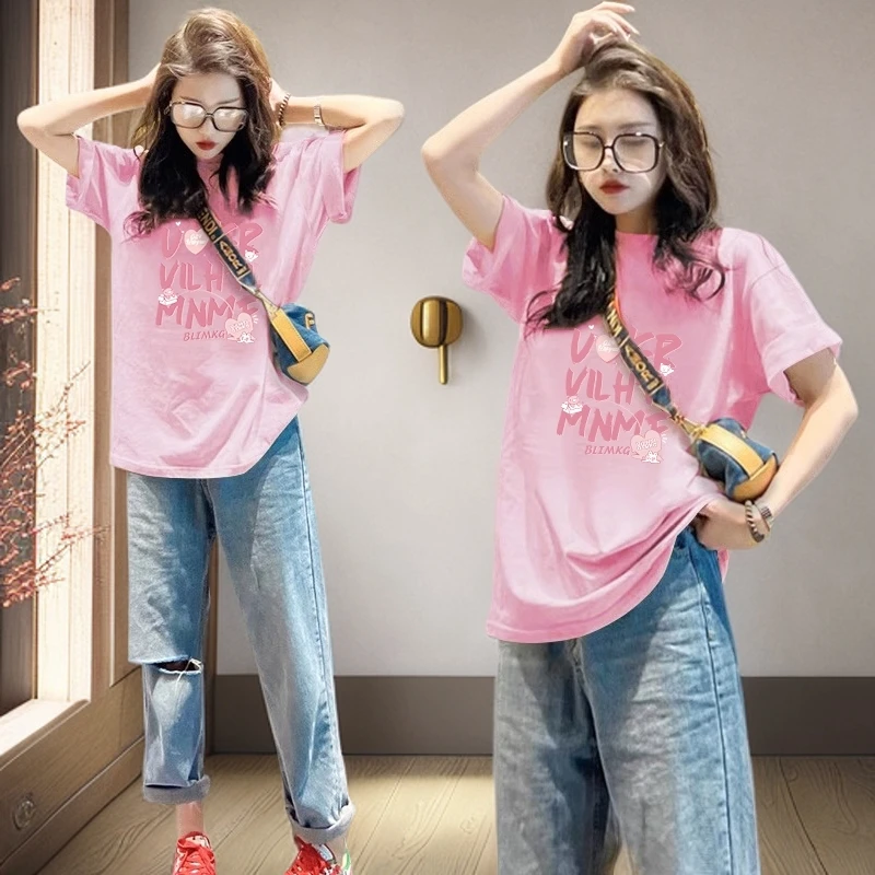 mnmf粉色纯棉大码卡通字母印花夏季新款圆领短袖T恤宽松上衣ins潮