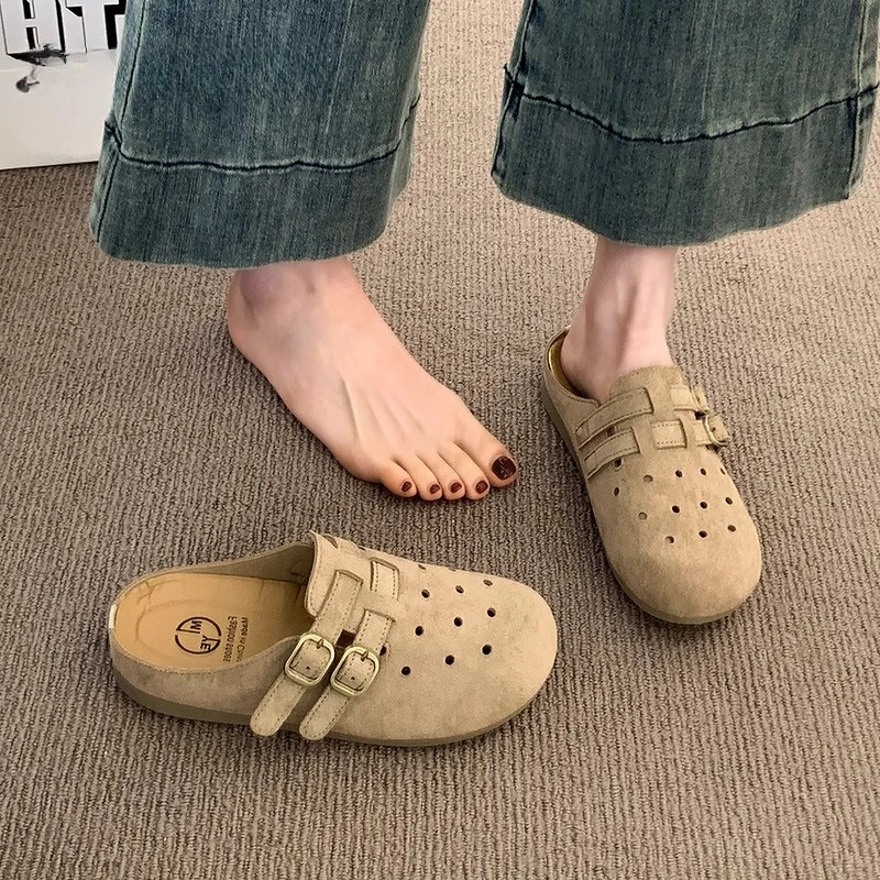 三福真皮勃肯洞洞鞋包头半拖鞋女夏外穿2025新款一脚蹬透气凉拖鞋