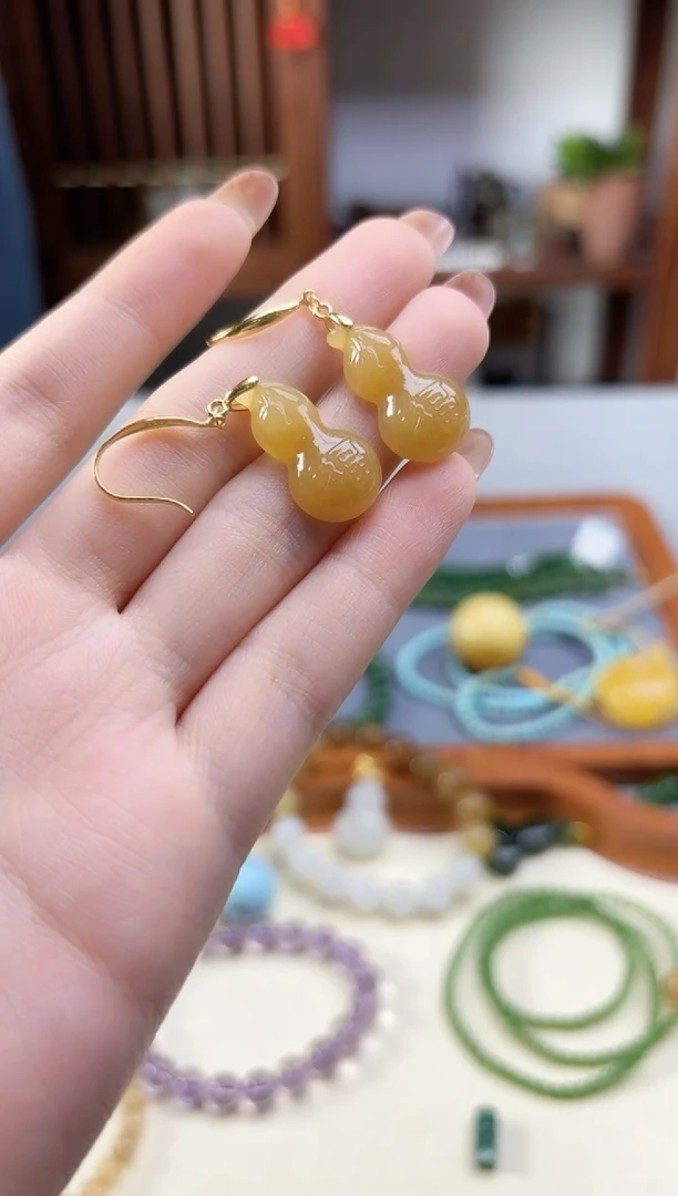 银S925镶嵌和田玉耳饰s925银和田玉葫芦耳钩LXY