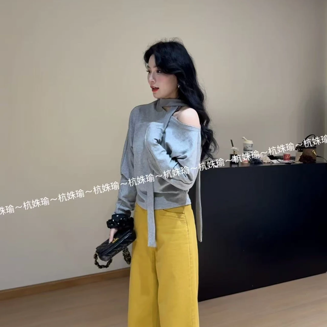 夏夏推荐春季新款一字肩卫衣设计感打底上衣82606