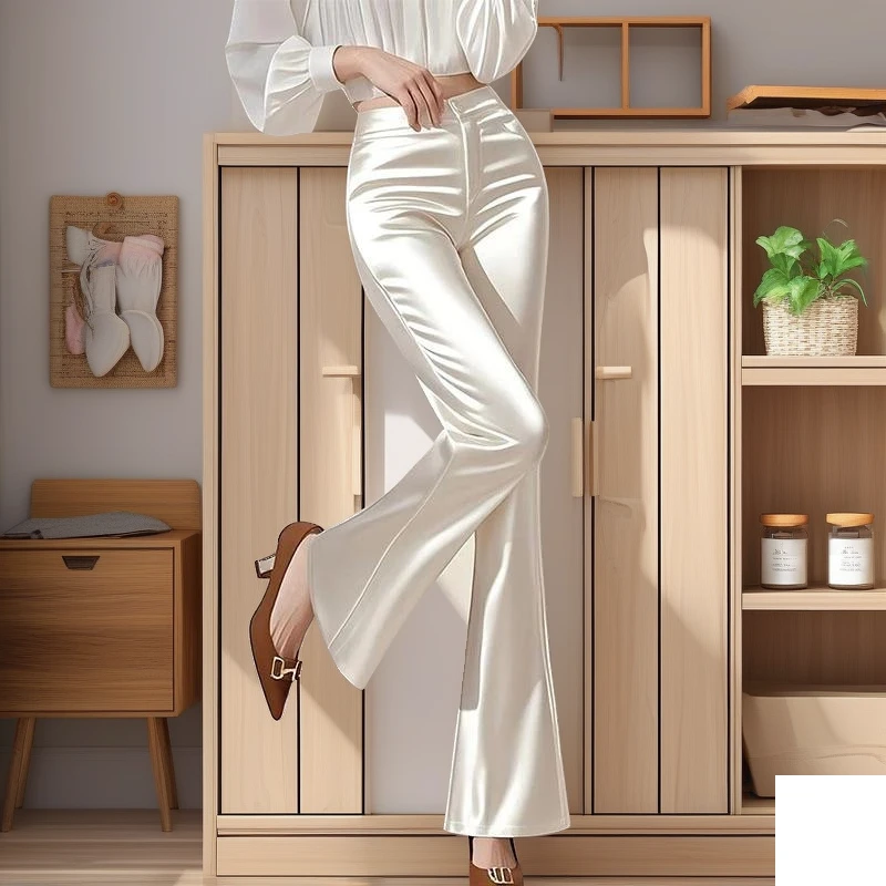白色丝质高腰垂坠感直筒微喇裤女2025夏日爆款修身薄款凉爽长裤子
