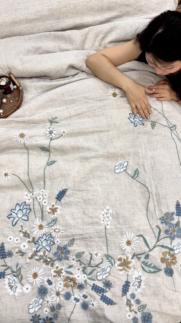 【碧落织锦】纯亚麻绣花四件套亚麻高端轻奢床品雨露麻套件