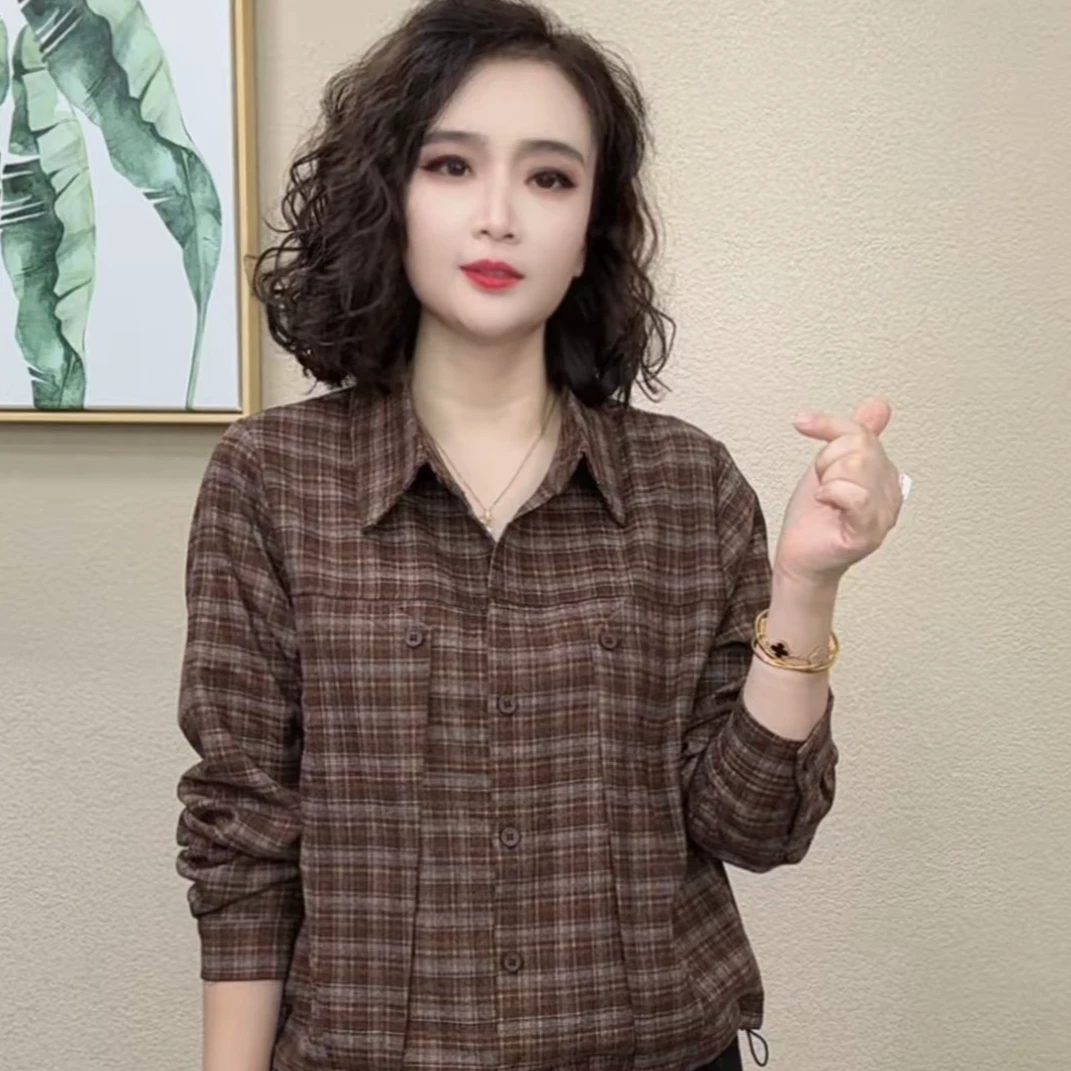 2025秋季新款气质时尚格子翻领长袖洋气显瘦百搭女士衬衫#41567