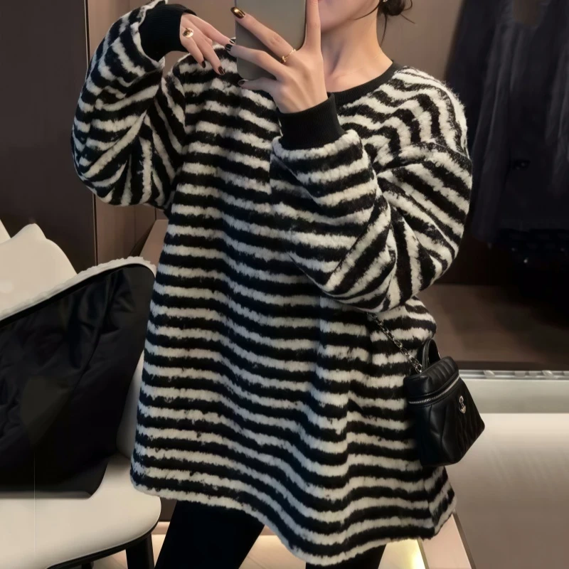 【圈圈毛绒】韩系黑白条纹长袖卫衣女秋冬宽松中长款加厚打底衫上衣