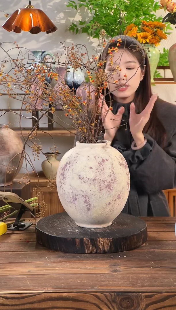 【斑点红月亮罐】侘寂风斑驳陶罐水培陶瓷花瓶【口10直径24高24.5cm】