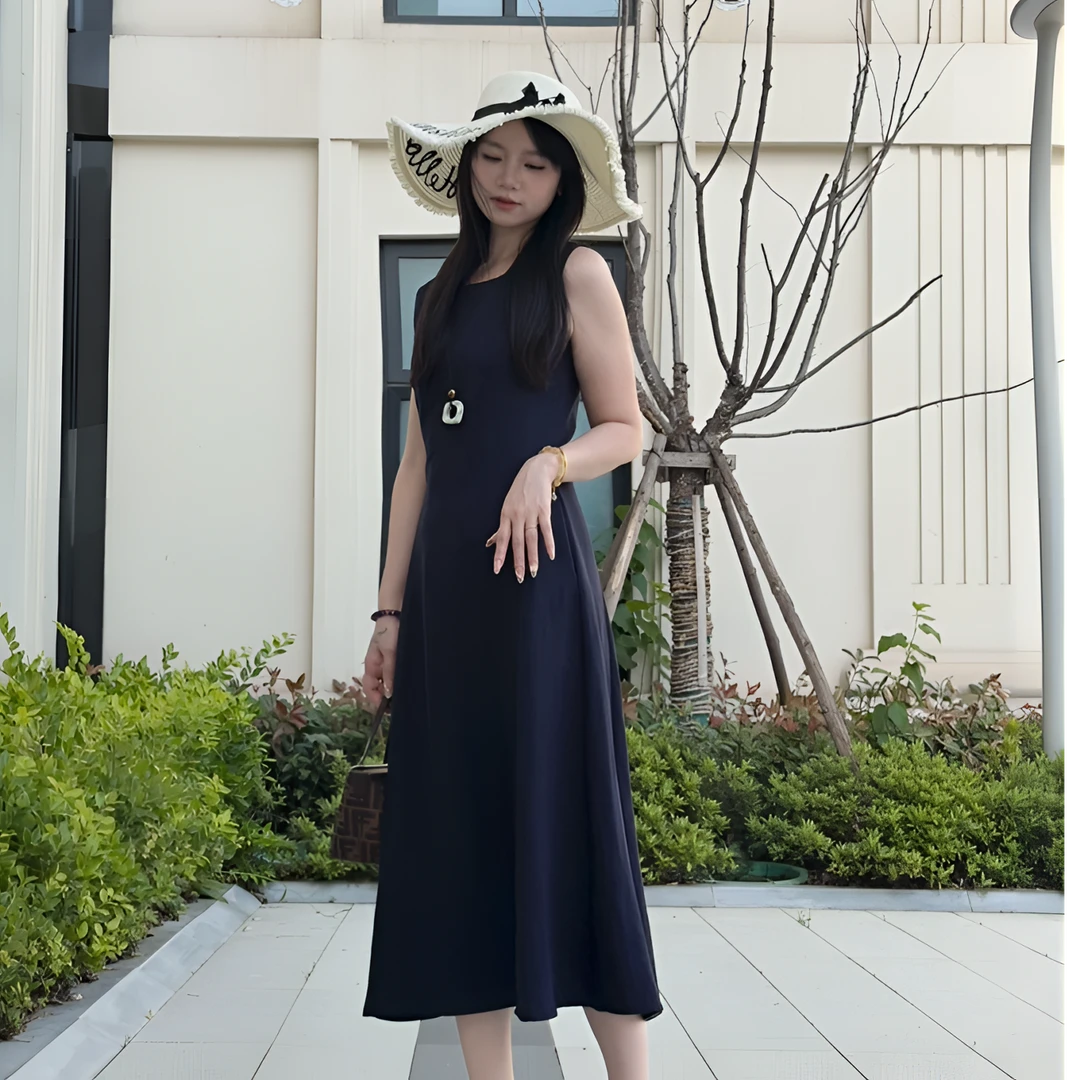 【LL】亚麻显瘦连衣裙无袖夏季女士法式长裙时尚深蓝色A字裙气质