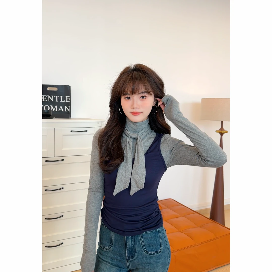 2025春季韩系小个子新款气质半高领长袖T恤+背心+丝巾ZR-T76509Y