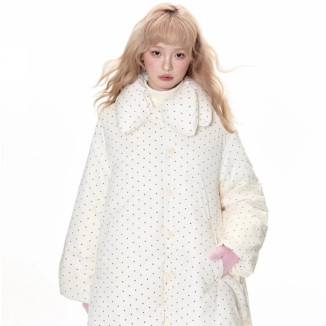 南西 波点棉服外套女中长款冬季宽松花苞面包服