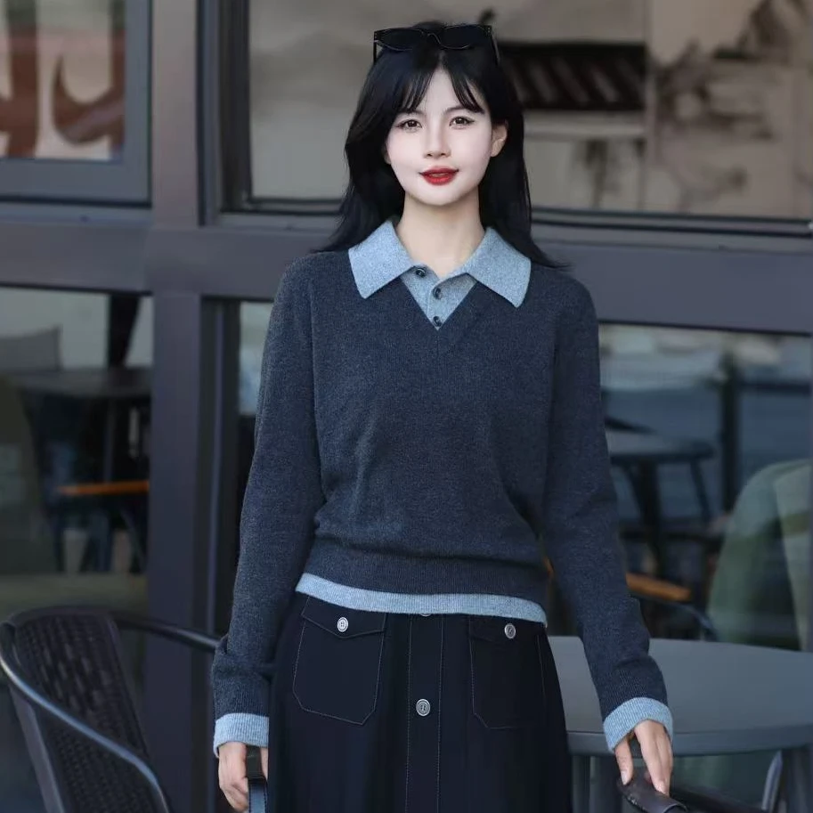 GIRDEAR/哥弟138108  新款秋冬静奢假两件百搭时尚长袖针织羊绒衫