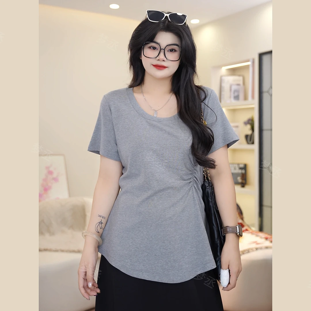 梦丞-胖mm夏季女装圆领时尚正肩不规则褶皱气质纯色短袖T恤上衣女