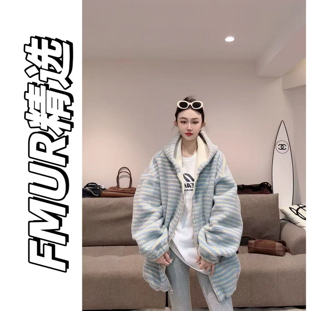 FMUR【9115】韩版软糯连帽摇粒绒条纹拉链百搭外套上衣
