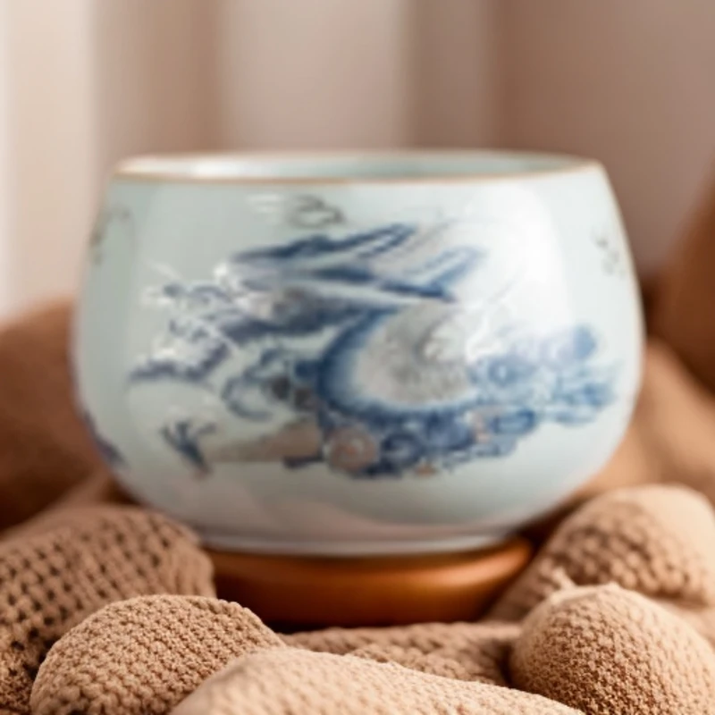 天青汝窑禅定祥云龙纹龙蛋杯