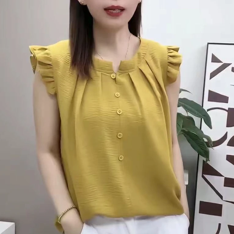 法式荷叶边飞袖冰麻短袖显瘦宽松遮肉减龄上衣t恤休闲大码无袖