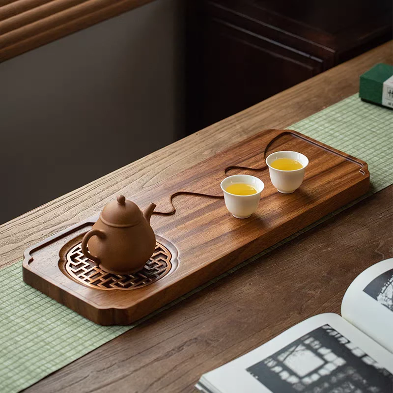 胡桃木桌面长方形排水式茶盘家用干泡茶盘茶道千里江山茶台2-3人