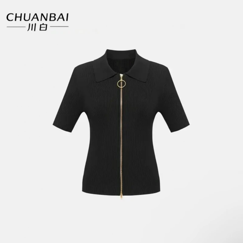 CHUANBAI 春夏新款桑蚕丝翻领双拉链开衫时尚气质纯色针织短袖