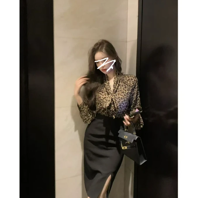 【一梦江南】秋新款气质性感豹纹飘逸雪纺V领长袖衬衫两件套3322#