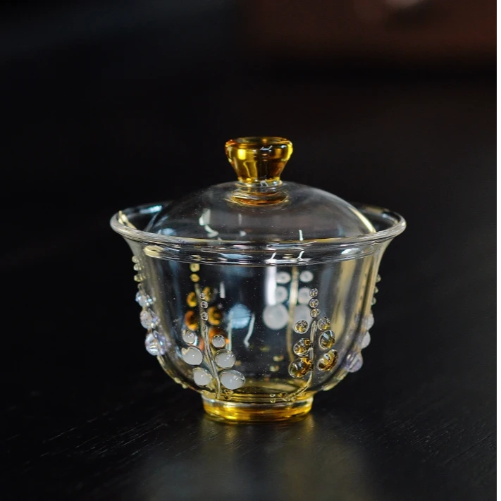 手工耐热玻璃琥珀色紫藤花盖碗