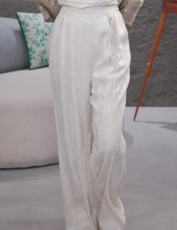 RONGYI-提花丝麻阔腿裤裤