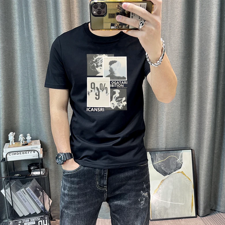 欧洲站青年高端印花男t恤潮流男士短袖T恤休闲透气凉感半袖体恤衫