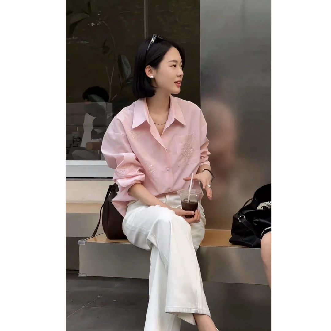 春夏轻奢小众炸街高级感女装淡粉色衬衫女款长袖衬衣休闲裤套装