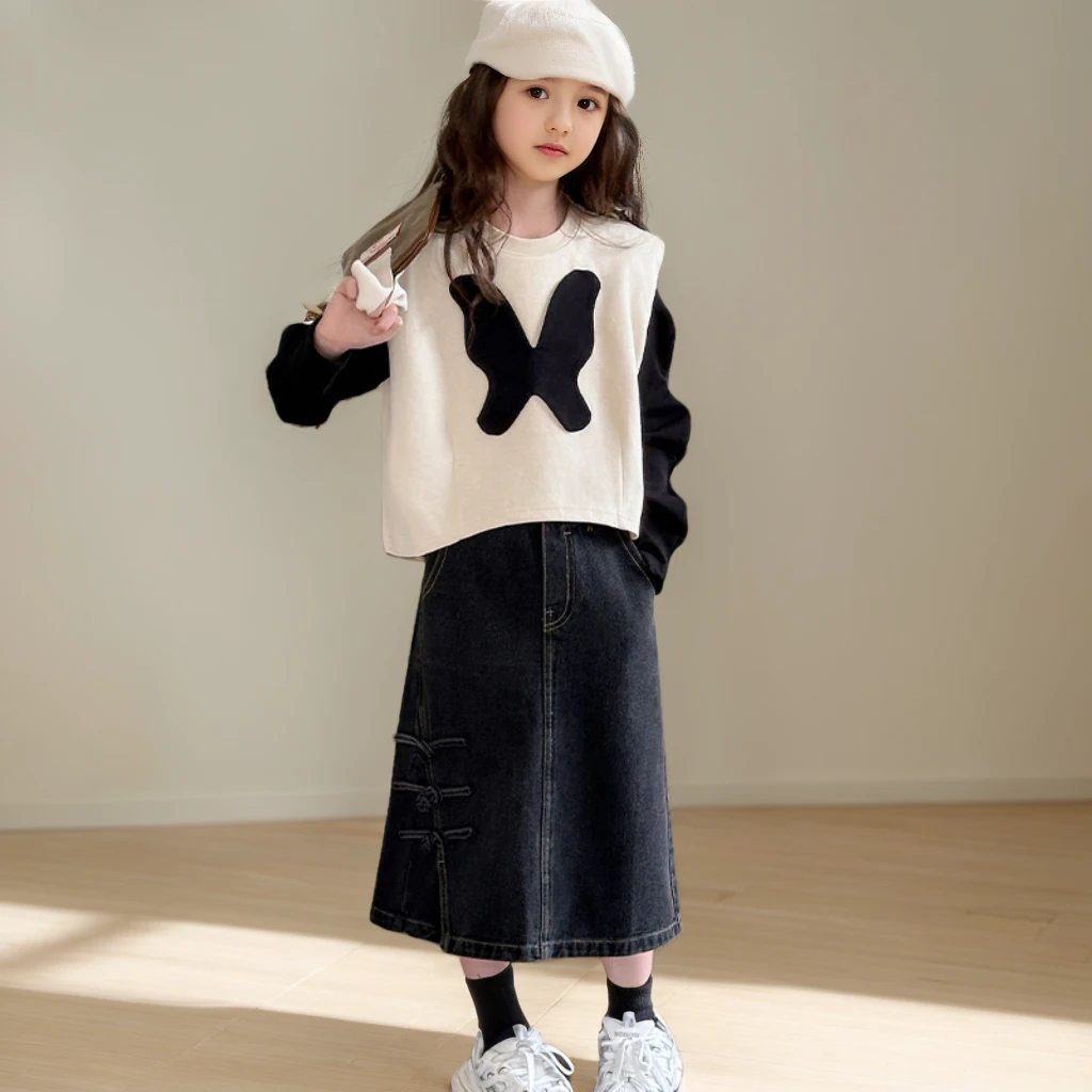 女童套装秋季新款儿童假两件上衣春秋装大童牛仔半身裙春秋款