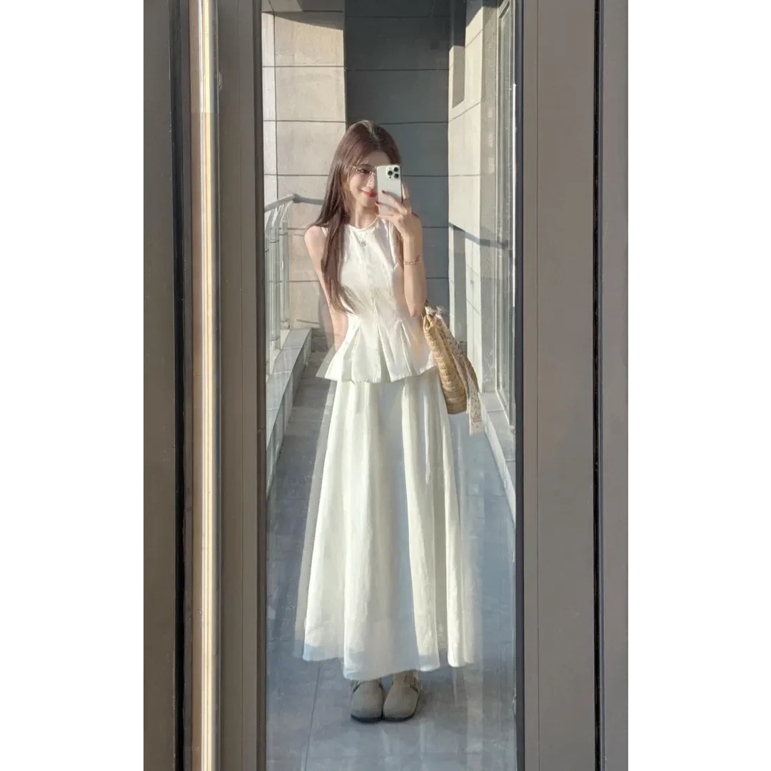 A404+A405夏季法式温柔风无袖花苞背心上衣搭配半身裙气质两件套