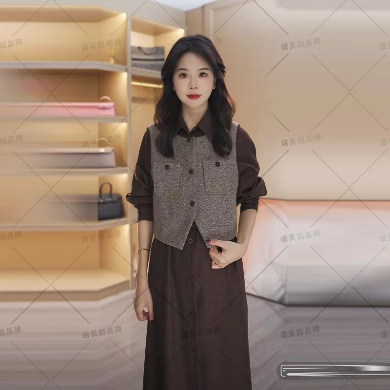 nuobeiyin/诺贝因秋冬高级感休闲连衣裙马甲两件套装 NQSXE0097-3