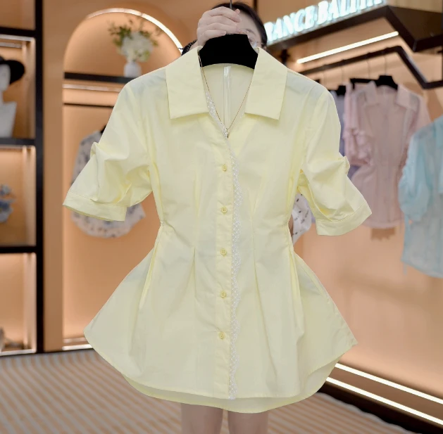 “奶油”法式春夏慵懒感中长款宽松休闲衬衫套装 F049