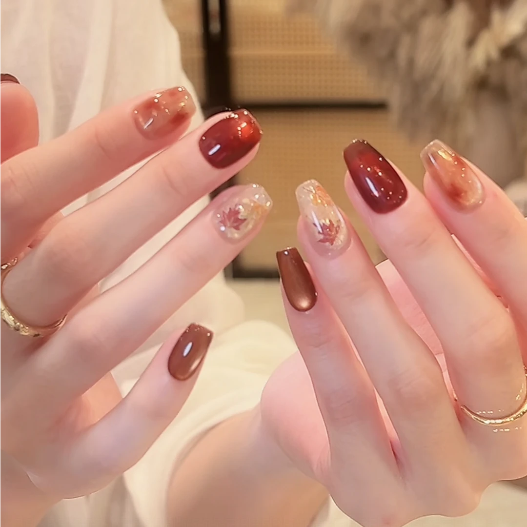 茉哉心心现货【一叶知秋】纯手工定制美甲拆卸穿戴甲A4746