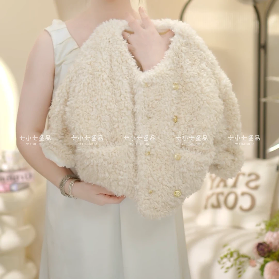 女童2024冬季新款洋气加绒加厚双排扣毛毛衣外套C22221