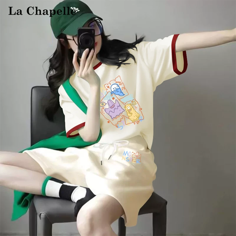 拉夏贝尔洋气纯棉短裤短袖运动套装女2025夏季新款学生显瘦两件套