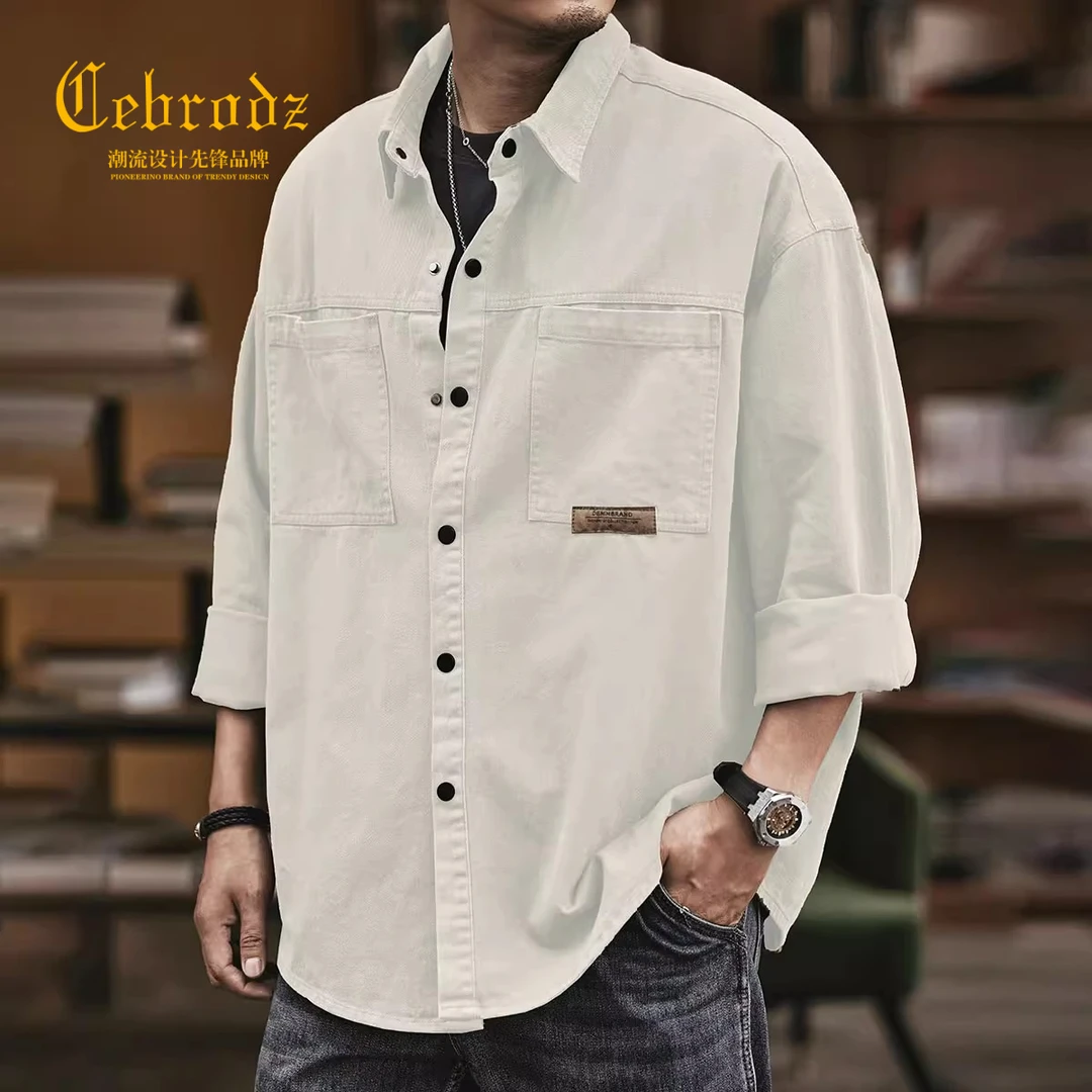 Cebrodz美式重磅米白色工装衬衫男士秋新款宽松休闲上衣潮牌衬衣