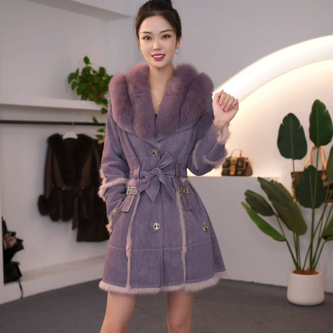 海宁女士皮草束腰气质狐狸毛领中长款外套皮毛一体PM455
