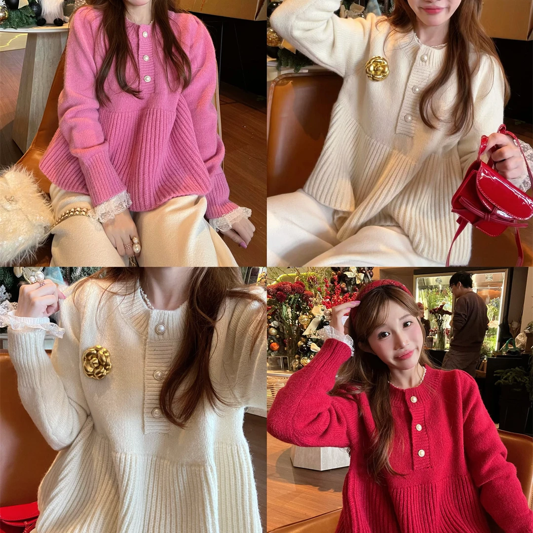 JENNIFER JXLIU韩版圆领小香风珍珠扣娃娃款裙摆短款厚针织衫毛衣