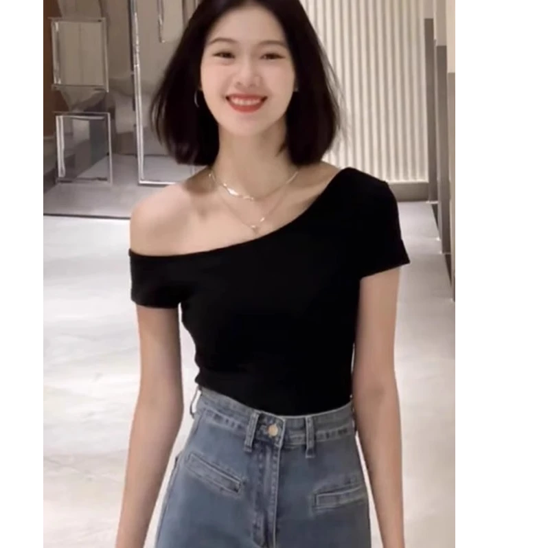 辣妹斜肩短袖T恤女夏季时尚洋气修身显瘦高级感气质露肩绝美上衣