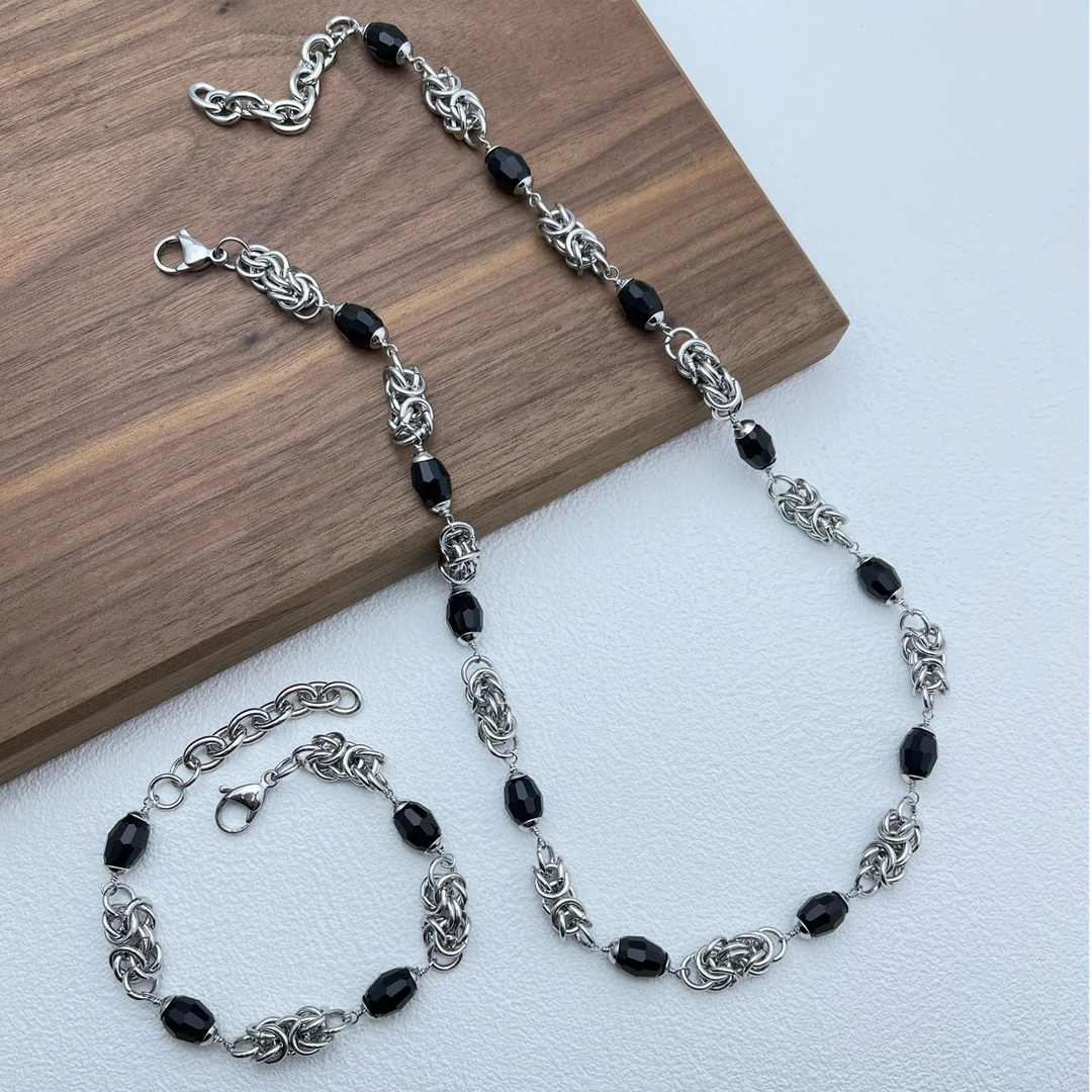 钛钢项链 黑色间珠手工灯笼链项链欧美男潮百搭配饰粗链子锁骨链