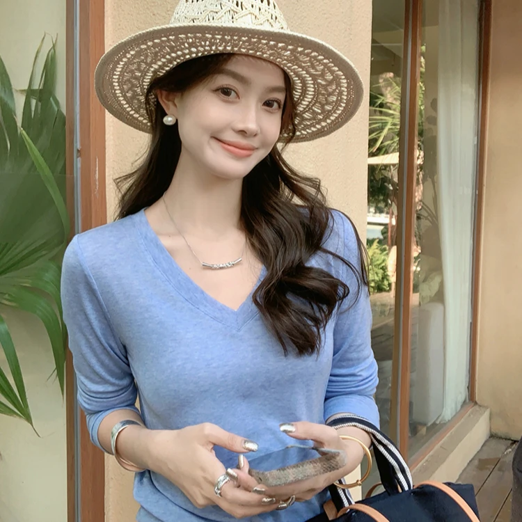A美洋MEIYANG 粉底液长袖T恤 莱赛尔羊毛混纺_V领微透打底衣U