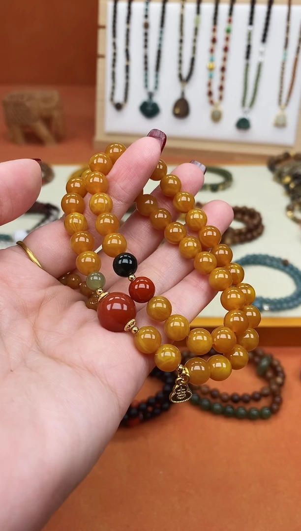 手链蜜蜡未镶嵌双圈蜜蜡和田南红手串