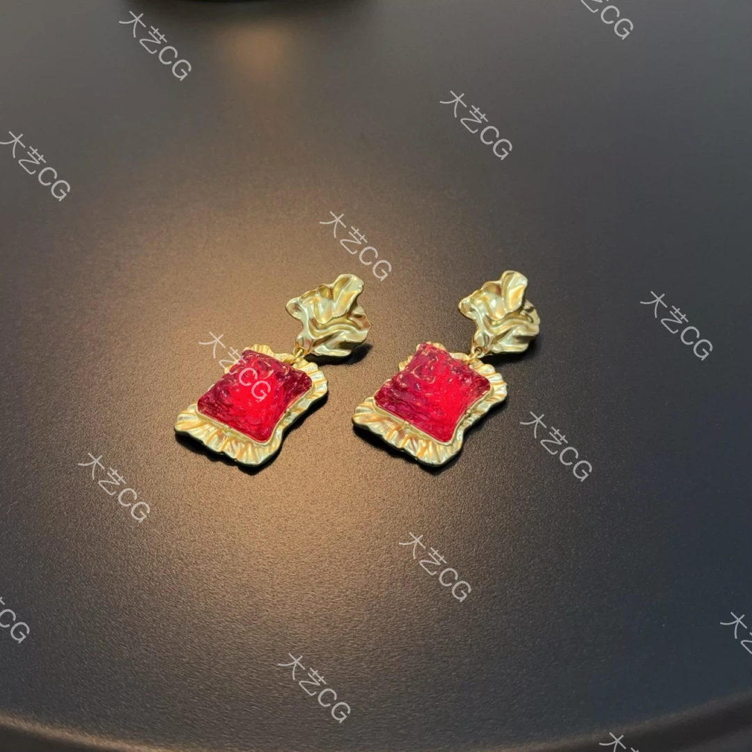 合金琉璃耳饰 小众彩色耳环玫红高级感气质大耳饰EDAlc  0254