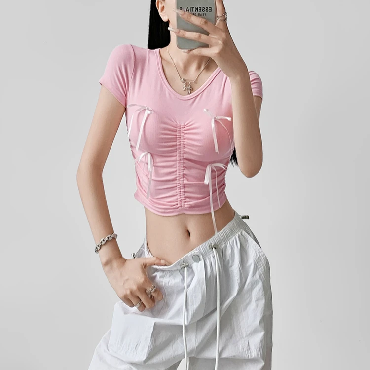 夏春茶小众设计感甜辣风立体蝴蝶结抽褶短袖T恤女小圆领显瘦上衣