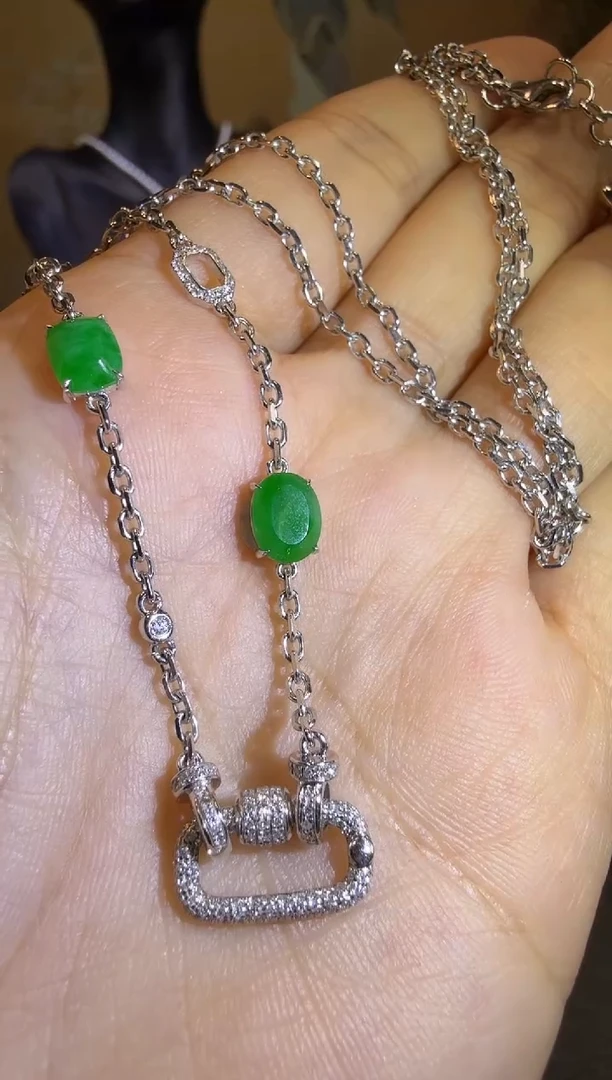 【闪购商品】翡翠颈饰18K金镶嵌精工重金版满绿蛋面万能链