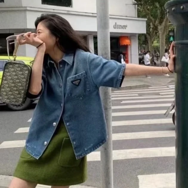 99新 Prada/普拉达 H12121  蓝色三角标棉质翻领短袖衬衫 36 XS